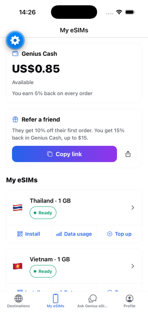 eSIM Genius app — your eSIMs, Genius Cash wallet and referral link